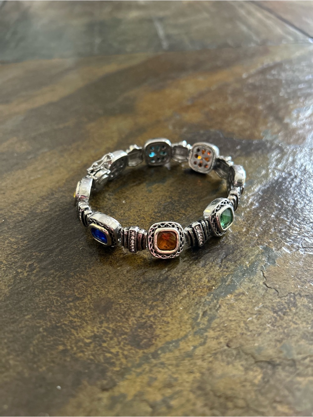 Multicolor Glass Silver Toned Bracelet 6 1/2
